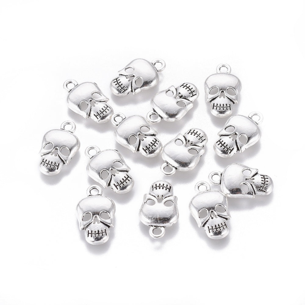 Alloy Pendants, Skull, Halloween, Antique Silver, 16x10x2.5mm, Hole: 2mm, 25pcs/bag