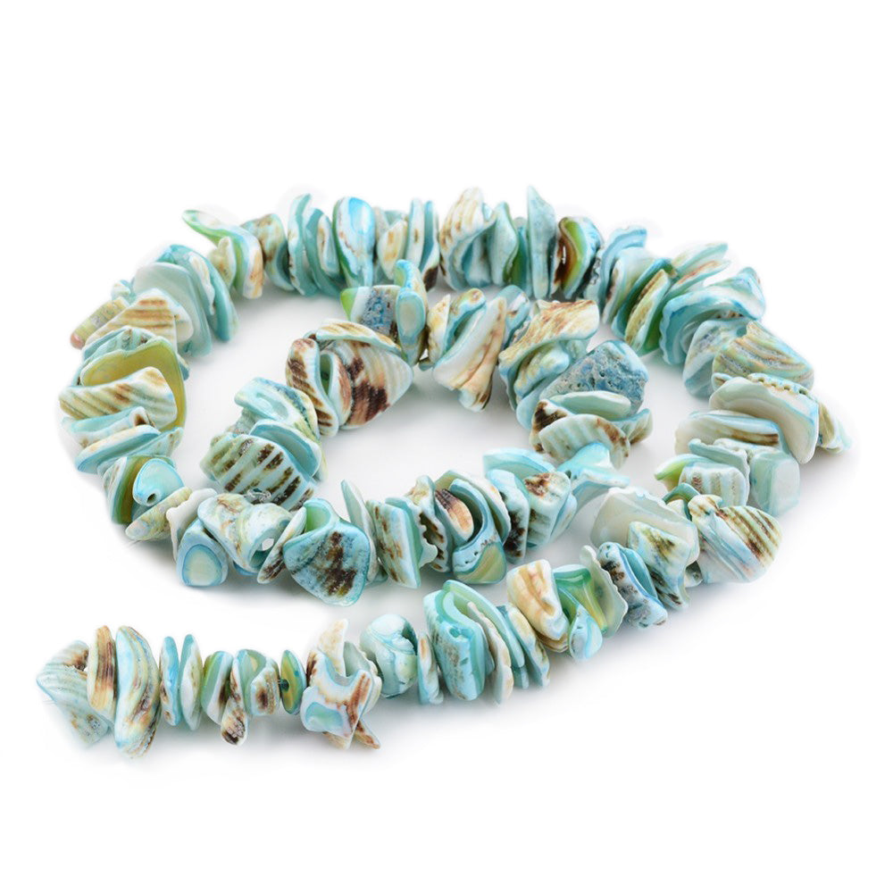Freshwater Shell Beads, Nugget Chips, Light Sky Blue Color. Freshwater Shell Beads for Jewelry Making. Affordable High Quality Beads for Jewelry Making.  Size: 10-20mm Wide, 8-12 Long, 2-4mm Thick, Hole: 1mm; approx. 15" inches long.  Material: The Beads are Natural Freshwater Shell Beads, Nugget chip Shaped, dyed Light Sky Blue color. Shinny Finish.