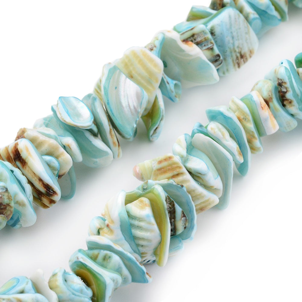 Freshwater Shell Beads, Nugget Chips, Light Sky Blue Color. Freshwater Shell Beads for Jewelry Making. Affordable High Quality Beads for Jewelry Making.  Size: 10-20mm Wide, 8-12 Long, 2-4mm Thick, Hole: 1mm; approx. 15" inches long.  Material: The Beads are Natural Freshwater Shell Beads, Nugget chip Shaped, dyed Light Sky Blue color. Shinny Finish.