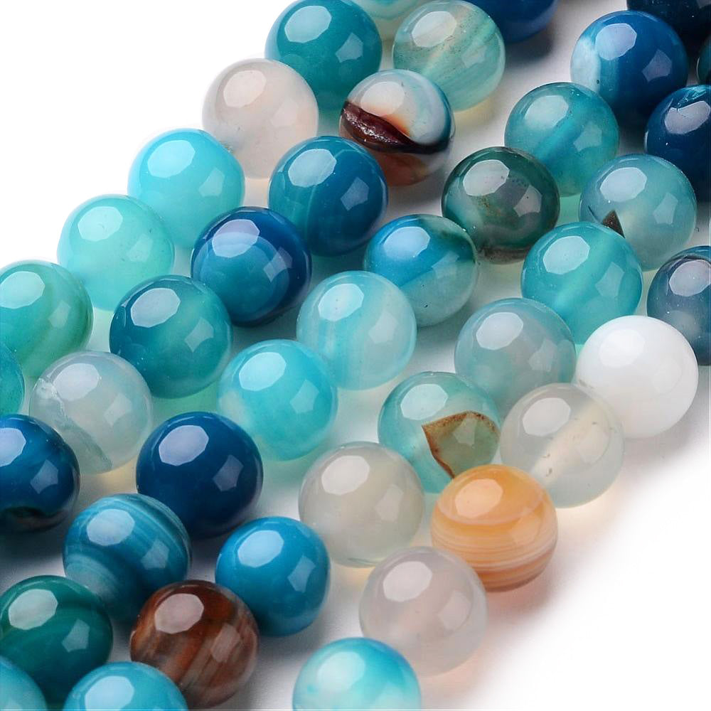 Dodger Blue Striped Agate Beads, Round, Dyed, Blue Banded Agate. Semi-Precious Gemstone Beads for Jewelry Making. Great for Stretch Bracelets and Necklaces.  Size: 8mm Diameter, Hole: 1mm; approx. 62pcs/strand, 14" Inches Long.  Material: Striped Banded Agate Loose Beads Dyed Dodger Blue Blue Color. Polished, Shinny Finish.