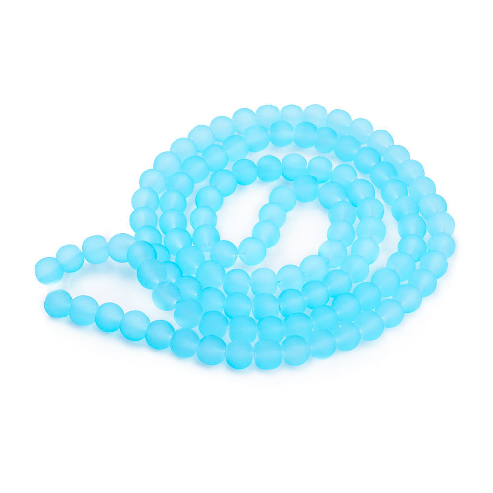 Frosted Glass Beads, Round, Light Blue Color. Matte Glass Bead Strands for DIY Jewelry Making. Affordable, Colorful Frosted Beads. Great for Stretch Bracelets.  Size: 6mm Diameter Hole: 1mm; approx. 135pcs/strand, 31" Inches Long.  Material: The Beads are Made from Glass. Frosted Glass Beads, Soft Light Blue Colored Beads. Unpolished, Matte Finish.