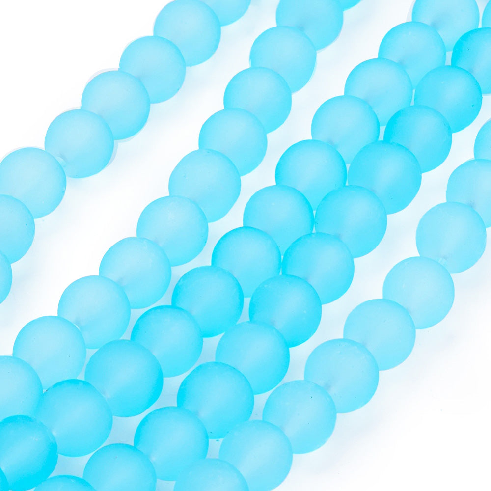 Frosted Glass Beads, Round, Light Blue Color. Matte Glass Bead Strands for DIY Jewelry Making. Affordable, Colorful Frosted Beads. Great for Stretch Bracelets.  Size: 8mm Diameter Hole: 2mm; approx. 105pcs/strand, 31" Inches Long.  Material: The Beads are Made from Glass. Frosted Glass Beads, Soft Light Blue Colored Beads. Unpolished, Matte Finish.
