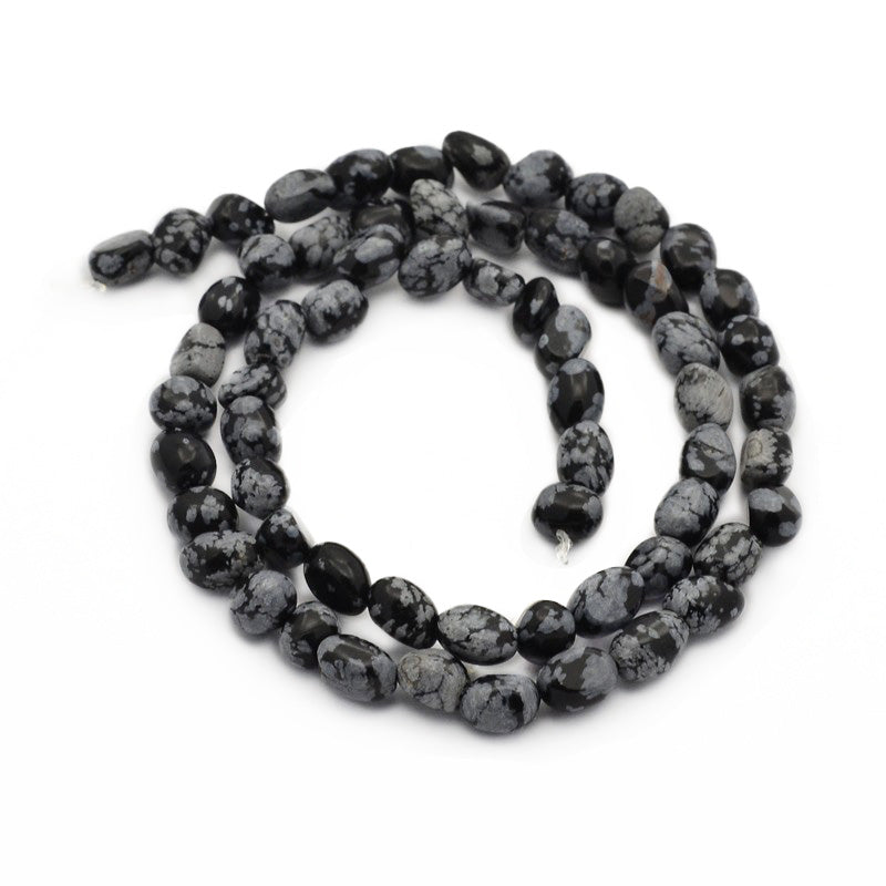 Snowflake Obsidian Nuggets, Chips, Black Color with Grey Markings Beads. Semi-precious Gemstone Beads for DIY Jewelry Making.    Size: 5-7mm Length, 5-7mm Width, Hole: 1mm, approx. 58pcs/strand, 14.5" Inches Long.  Material: Genuine Natural Snowflake Obsidian Stone Beads, Black Color, with Grey Markings. Polished Beads. Shinny Finish. 