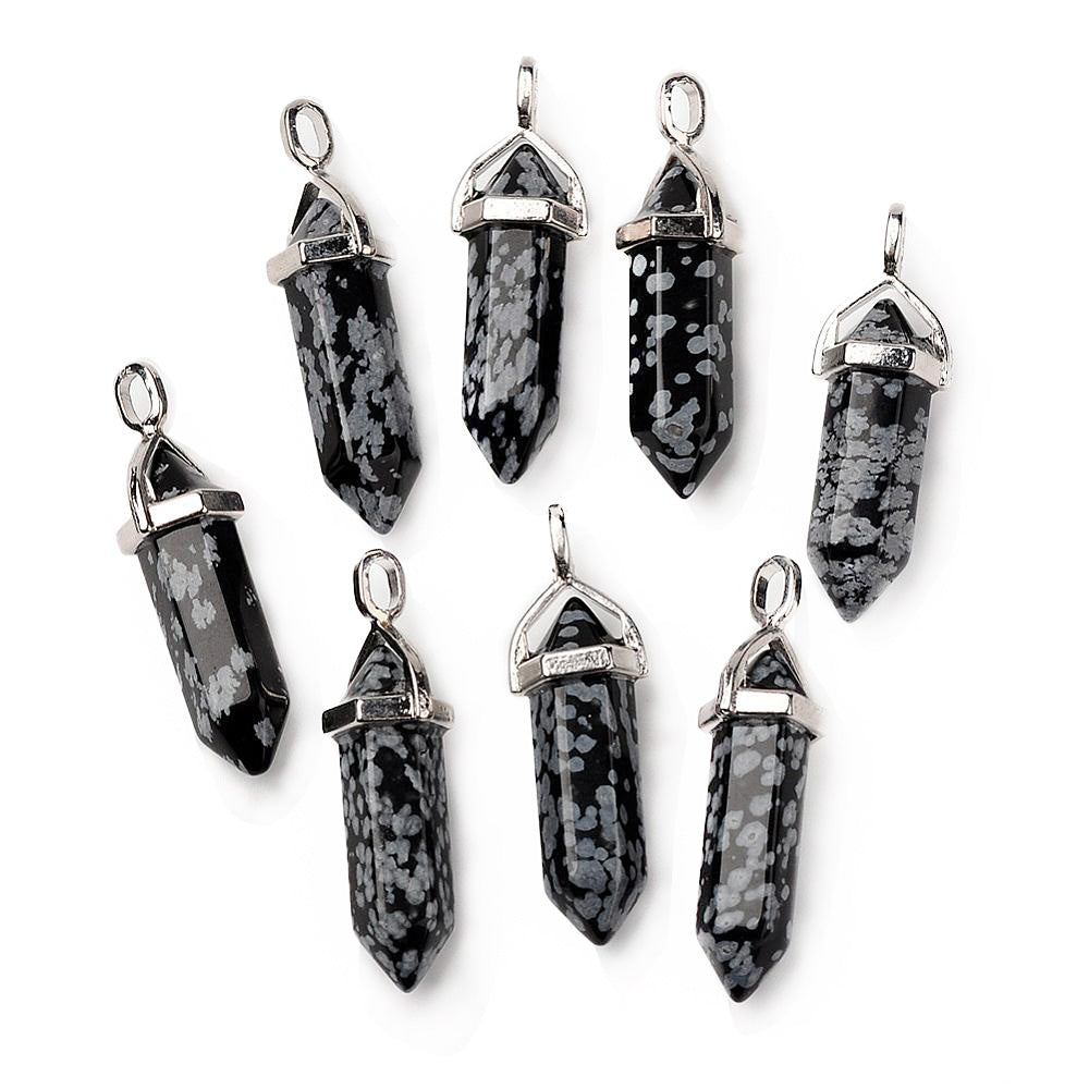 Natural Snowflake Obsidian Pendants, Black Color. Semi-precious Gemstone Pendant for DIY Jewelry Making. Gorgeous Centre Piece for Necklaces.   Size: 38-45mm Length, 12mm Diameter, Hole: 3x5mm, 1pcs/package.  Material: Genuine Natural Snowflake Obsidian Stone Pendant, Platinum Toned Brass Findings, Hexagon Shaped Bead Cap Bails. High Quality, Double Terminated Stone Pendants. Shinny, Polished Finish. Black Color.