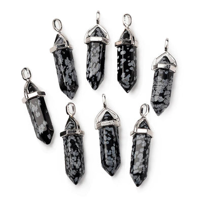 Natural Snowflake Obsidian Pendants, Black Color. Semi-precious Gemstone Pendant for DIY Jewelry Making. Gorgeous Centre Piece for Necklaces.   Size: 38-45mm Length, 12mm Diameter, Hole: 3x5mm, 1pcs/package.  Material: Genuine Natural Snowflake Obsidian Stone Pendant, Platinum Toned Brass Findings, Hexagon Shaped Bead Cap Bails. High Quality, Double Terminated Stone Pendants. Shinny, Polished Finish. Black Color.