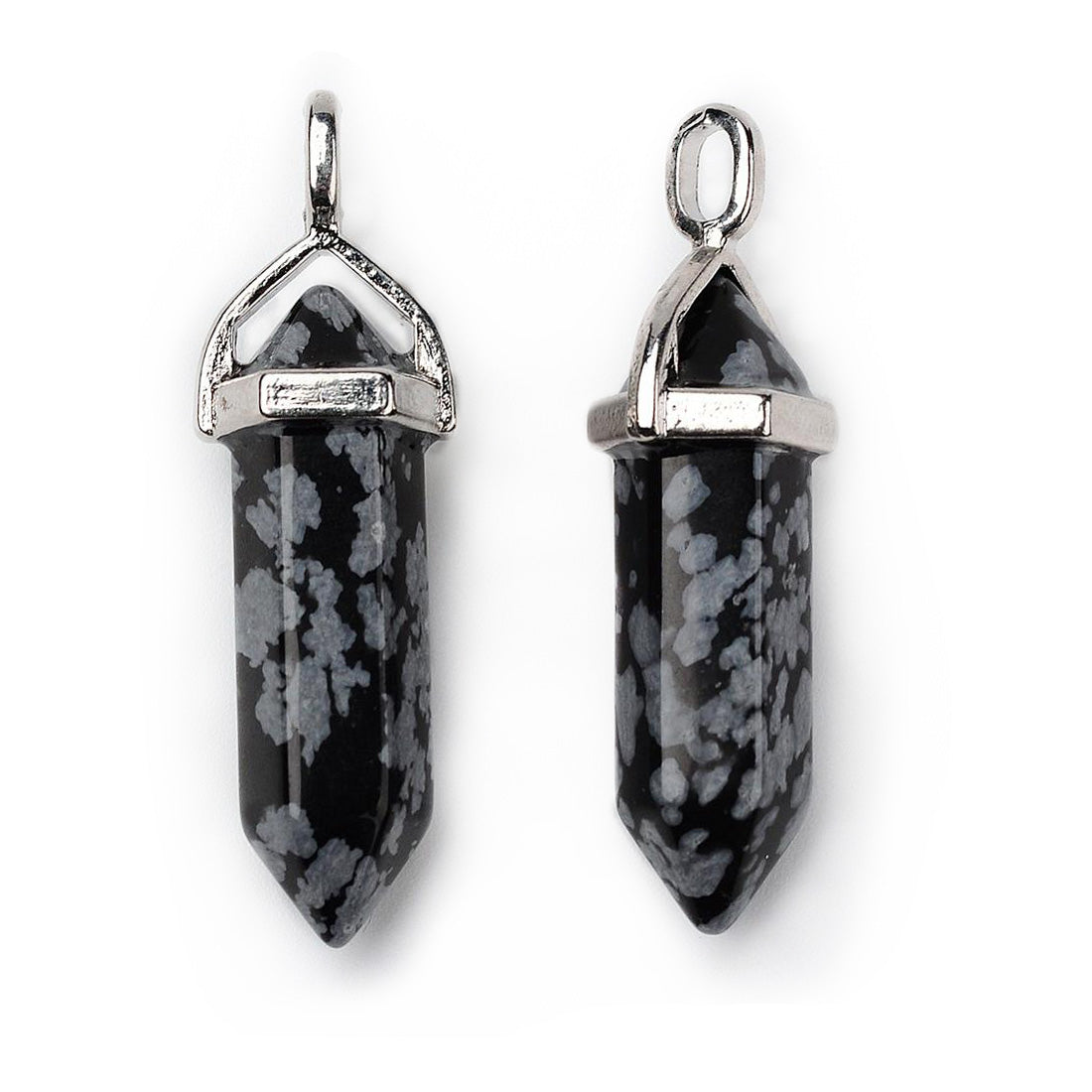 Natural Snowflake Obsidian Pendants, Black Color. Semi-precious Gemstone Pendant for DIY Jewelry Making. Gorgeous Centre Piece for Necklaces.   Size: 38-45mm Length, 12mm Diameter, Hole: 3x5mm, 1pcs/package.  Material: Genuine Natural Snowflake Obsidian Stone Pendant, Platinum Toned Brass Findings, Hexagon Shaped Bead Cap Bails. High Quality, Double Terminated Stone Pendants. Shinny, Polished Finish. Black Color.