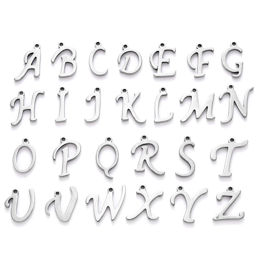 304 Stainless Steel Alphabet Charm Beads, Stainless Steel Color. Silver Colored Letter A-Z Charms for DIY Jewelry Making. Alphabet Charms for Bracelet and Necklace Making. Laser Cut 304 Stainless Steel Alphabet Charms. Silver Color. Shinny Finish. These A-Z Letter Charms are Suitable for Necklaces, Earrings, Anklets, Bracelets, and other Creative Projects.  Great Addition to Your Bead Collection