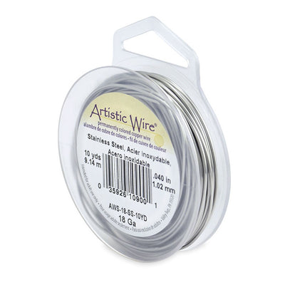 Stainless Steel Craft Wire for DIY Jewelry Making and Wire Wrapping Projects.  Size: 18 Gauge (1.0mm) Stainless Steel Craft Wire, 10 yd/9.1m Length.  Color: Silver  Material: Stainless Steel Wire, Tarnish Resistant Wire.  Brand: Artistic Wire