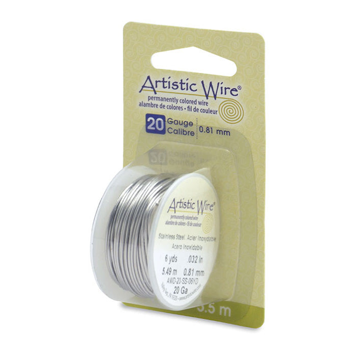 Stainless Steel Craft Wire for DIY Jewelry Making and Wire Wrapping Projects.  Size: 20 Gauge (0.81mm) Stainless Steel Craft Wire, 6 yd/5.5m Length.  Color: Silver  Material: Stainless Steel Wire, Tarnish Resistant Wire.  Brand: Artistic Wire