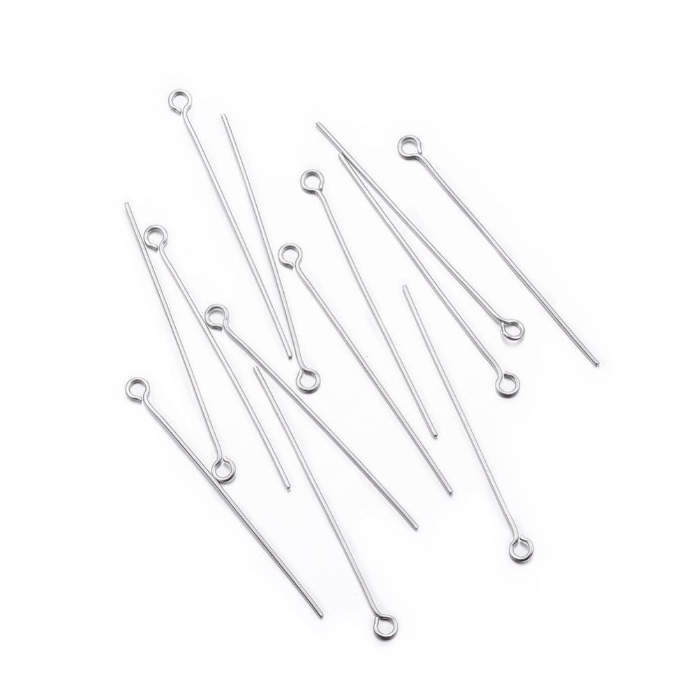 304 Stainless Steel Eye Pins for DIY Jewelry Making. Stainless Steel Color Eye Pins.  Size: 36mm Length, 0.5mm Diameter, approx. 100 pcs/package.  Material: 304 Stainless Steel Eye Pin.