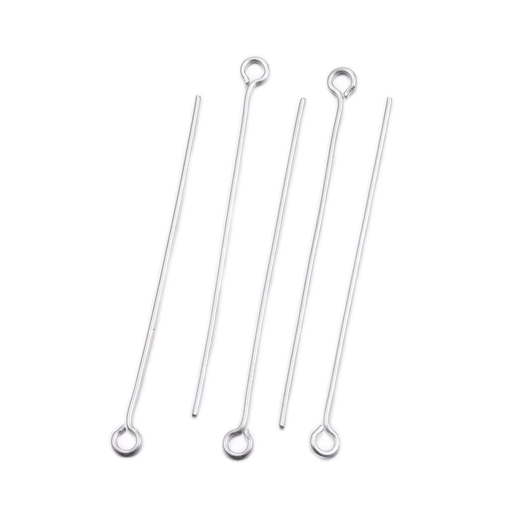 304 Stainless Steel Eye Pins for DIY Jewelry Making. Stainless Steel Color Eye Pins.  Size: 36mm Length, 0.5mm Diameter, approx. 100 pcs/package.  Material: 304 Stainless Steel Eye Pin.