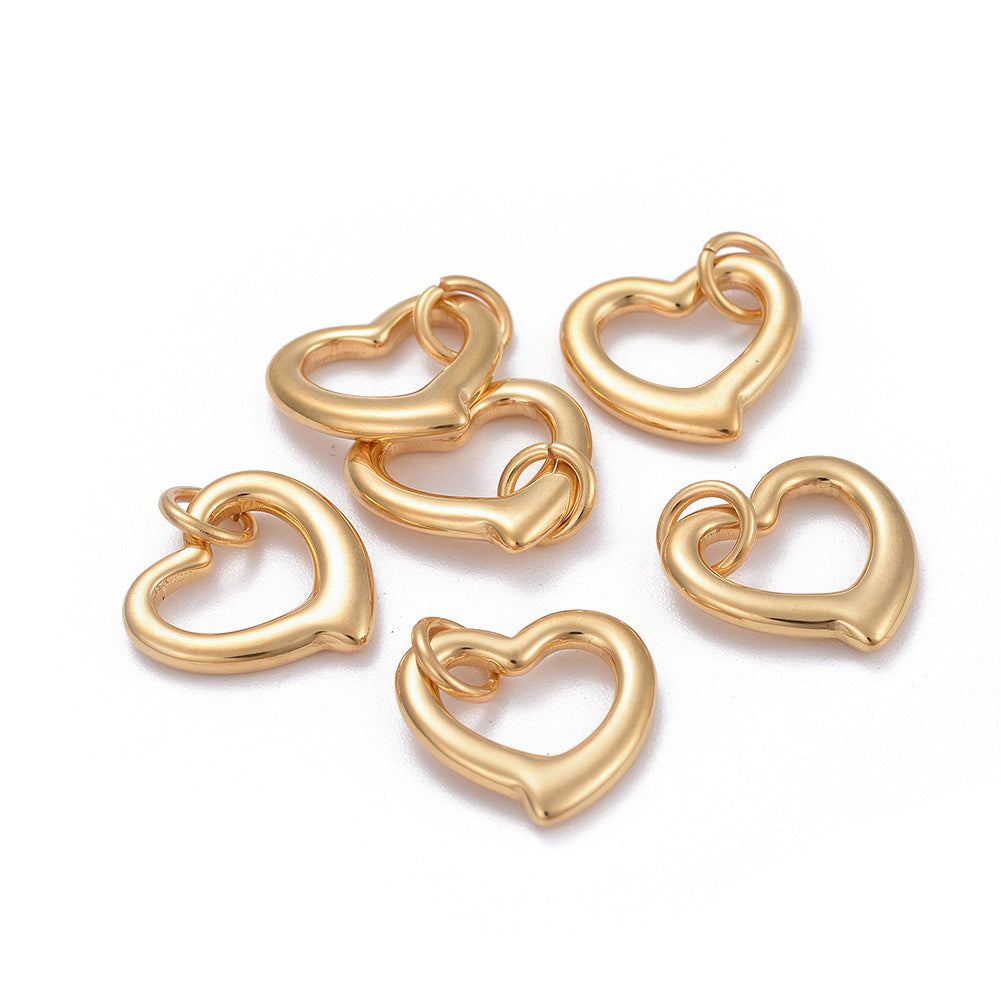 304 Stainless Steel Open Heart Shaped Charm Pendants for DIY Jewelry Making.  Size: 14mm Length; 14mm Width; 2mm Thick; Hole: 4mm, 1pcs/package.  Material: 304 Stainless Steel Charms with Jump Ring. Gold Color Tarnish Resistant Charms.