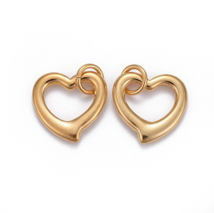 304 Stainless Steel Open Heart Shaped Charm Pendants for DIY Jewelry Making.  Size: 14mm Length; 14mm Width; 2mm Thick; Hole: 4mm, 1pcs/package.  Material: 304 Stainless Steel Charms with Jump Ring. Gold Color Tarnish Resistant Charms.