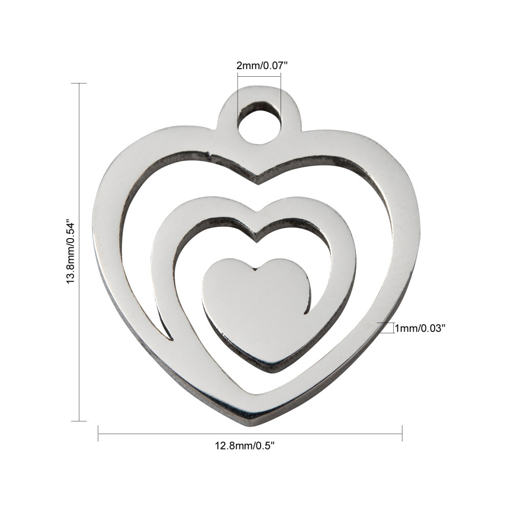 304 Stainless Steel Flat Spiral Heart Charm, Stainless Steel Colored Pendant Charms for DIY Jewelry Making.   Size: approx. 12.8mm Width, 13.8mm Length, 1mm Thick, Hole: 2mm, Quantity: 1 pcs/bag.   Material: 304 Stainless Steel Charms. Stainless Steel Silver Color. Polished Shinny Finish.