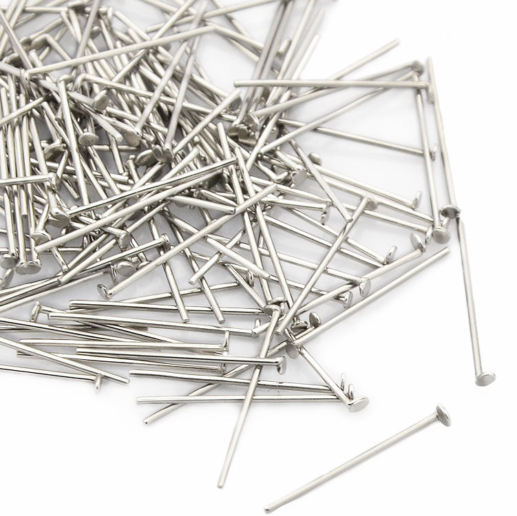 304 Stainless Steel Flat Head Pins for DIY Jewelry Making. Stainless Steel Color Flat Head Pins.  Size: 40mm Length, 0.6mm Diameter, approx. 100 pcs/package.   Material: 304 Stainless Steel Flat Head Pin.