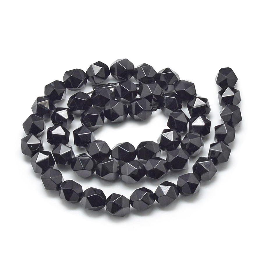 Star Cut, Faceted, Round Black Onyx Beads, Black Color. Semi-Precious Gemstone Beads for DIY Jewelry Making.  Size: 8-10mm Length, 7-8mm Width; Hole: 1mm; approx. 46pcs/strand, 15" Inches Long.  Material: Natural Black Onyx, Star Cut, Faceted, Round, Black Color. Polished Finish.