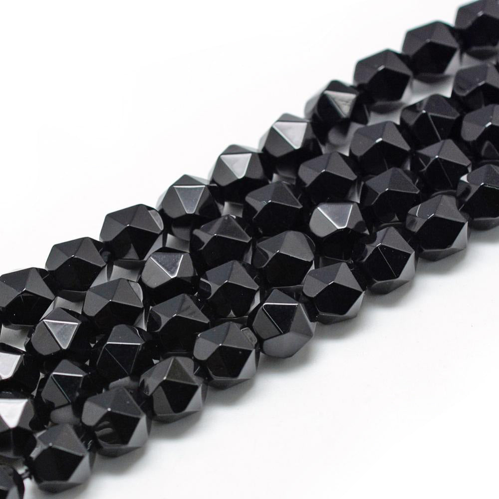 Star Cut, Faceted, Round Black Onyx Beads, Black Color. Semi-Precious Gemstone Beads for DIY Jewelry Making.  Size: 8-10mm Length, 7-8mm Width; Hole: 1mm; approx. 46pcs/strand, 15" Inches Long.  Material: Natural Black Onyx, Star Cut, Faceted, Round, Black Color. Polished Finish.