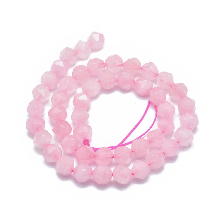 Faceted Star Cut Rose Quartz Beads, Pink Color. Semi-Precious Gemstone Beads for DIY Jewelry Making.  Size: 7-8mm Length, 6.5-7mm Width; Hole: 1mm; approx. 47pcs/strand, 14.5" Inches Long.  Material: Genuine Rose Quartz, Faceted, Star Cut Beads, Pink Color. Polished, Shinny Finish.