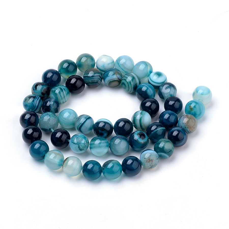 Sky Blue Striped Agate Beads, Round, Dyed, Blue Banded Agate. Semi-Precious Gemstone Beads for Jewelry Making. Great for Stretch Bracelets and Necklaces. Striped Banded Agate Loose Beads Dyed Sky Blue Color. Polished, Shinny Finish. Loose Gemstone Beads for DIY Jewelry making