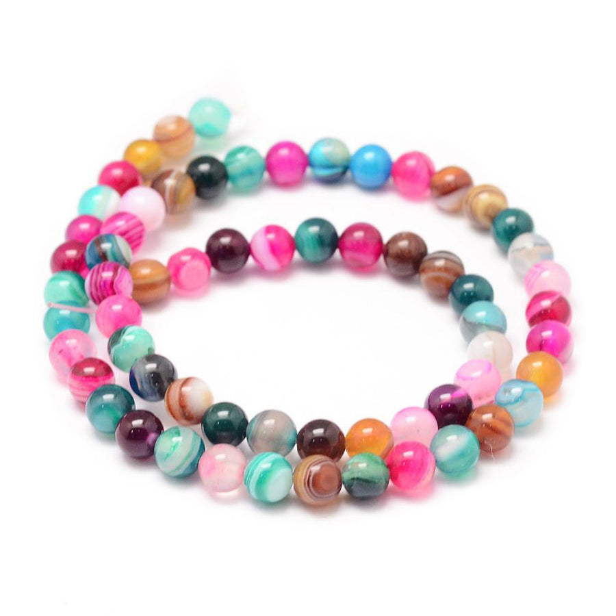 Colorful Striped Agate Beads, Round, Dyed, Multi-Color Banded Agate. Semi-Precious Gemstone Beads for Jewelry Making. Great for Stretch Bracelets and Necklaces. 6mm Striped Banded Agate Loose Beads. Dyed, Heat Treated, Multi-Color Bead Strands. Polished, Shinny Finish.