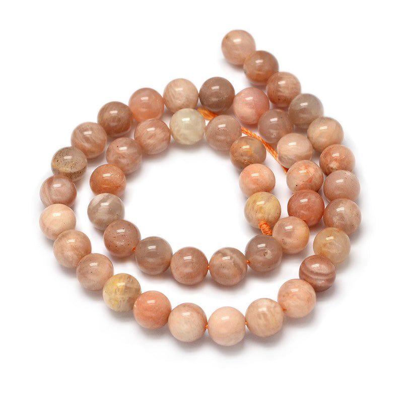 Sunstone Beads, Round, Coral Orange Color. Semi-precious Gemstone Beads for DIY Jewelry Making. High Quality Beads.  Size: 8mm Diameter, Hole: 1mm, approx. 46pcs/strand, 15" inches long.  Material: Genuine Natural Sunstone Loose Stone Beads, Polished Stone Beads. Soft Coral Orange Color. Shinny Finish. 