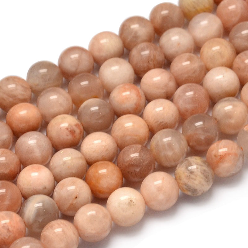 Sunstone Beads, Round, Coral Orange Color. Semi-precious Gemstone Beads for DIY Jewelry Making. High Quality Beads.  Size: 8mm Diameter, Hole: 1mm, approx. 46pcs/strand, 15" inches long.  Material: Genuine Natural Sunstone Loose Stone Beads, Polished Stone Beads. Soft Coral Orange Color. Shinny Finish. 