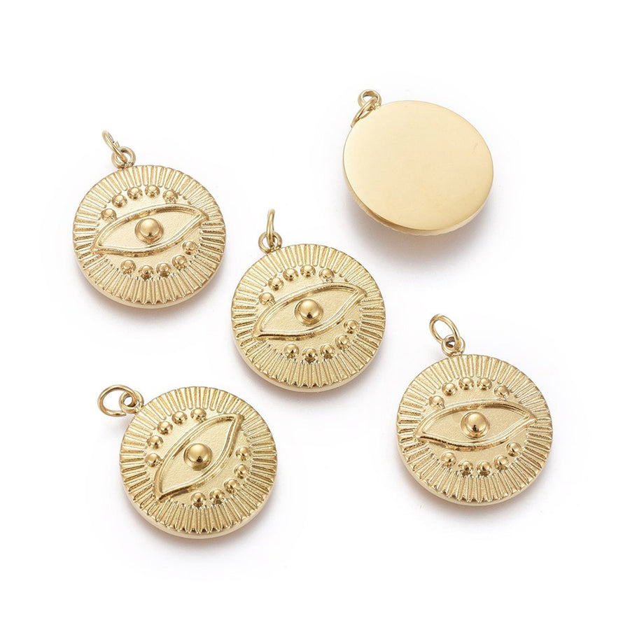316 Surgical Stainless Steel Flat, Round with Eye Design Charm Pendants for DIY Jewelry.  Size: 17mm Length; 15mm Width; 3mm Thick; Hole: 3mm, 1pcs/package.  Material: Ion Plated 316 Surgical Stainless Steel Pendants with Jump Ring. Gold Plated Tarnish Resistant Charms.