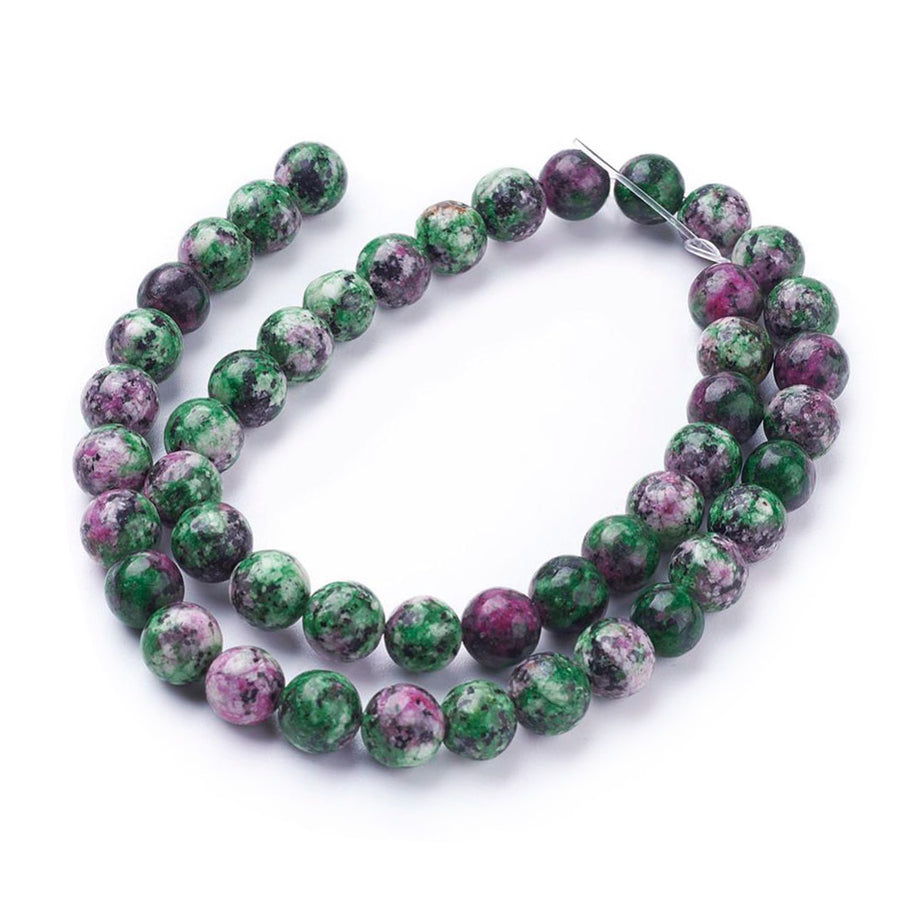 Synthetic Ruby in Zoisite Stone Beads, Round, Green Color. Semi-Precious Gemstone Beads for DIY Jewelry Making.   Size: 8mm Diameter, Hole: 1mm; approx. 45pcs/strand, 15" Inches Long.  Material: Imitation Ruby in Zoisite Stone Beads. Shinny, Polished Finish. 