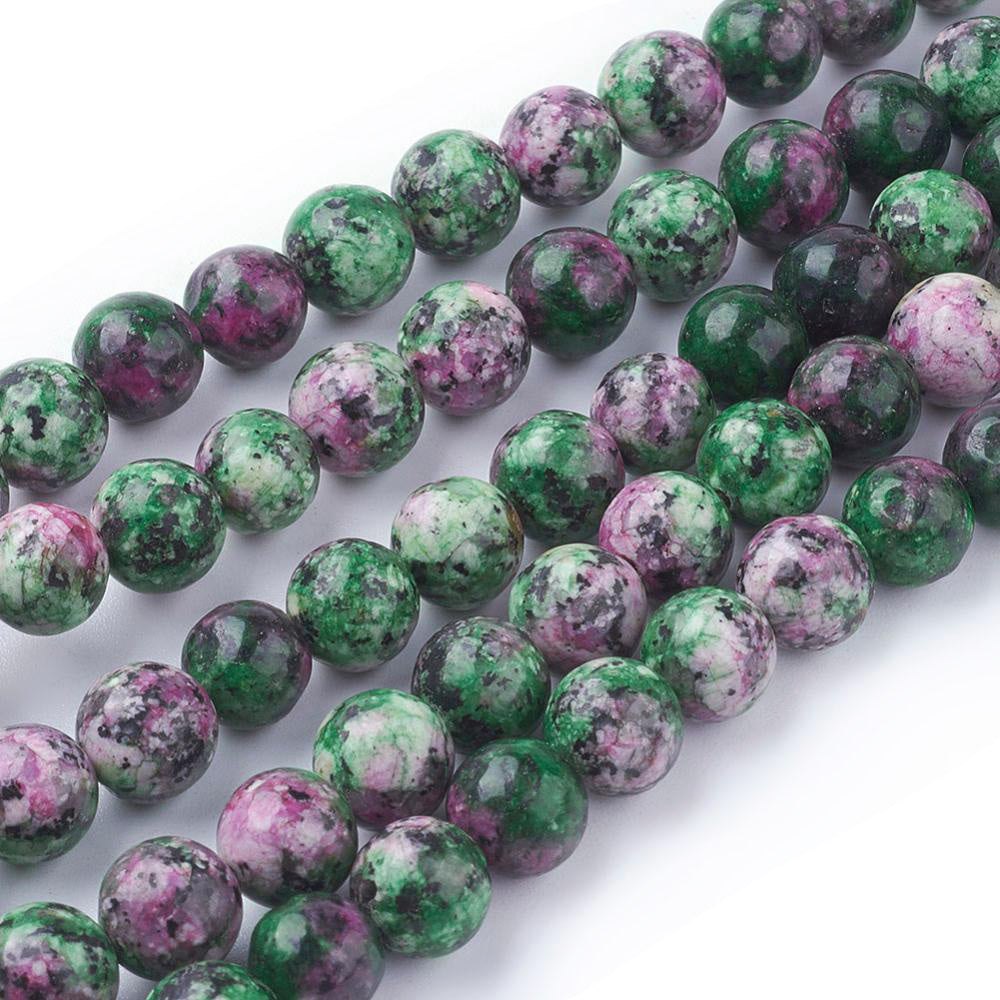 Synthetic Ruby in Zoisite Stone Beads, Round, Green Color. Semi-Precious Gemstone Beads for DIY Jewelry Making.   Size: 8mm Diameter, Hole: 1mm; approx. 45pcs/strand, 15" Inches Long.  Material: Imitation Ruby in Zoisite Stone Beads. Shinny, Polished Finish. 
