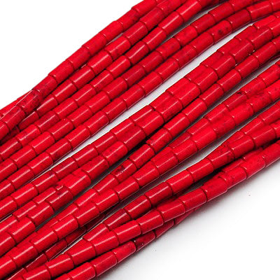 Synthethic Turquoise Beads, Column Shape Beads for Jewelry Making.   Size: 4mm Diameter, 6mm Length, Hole: 1mm; approx. 62-64pcs/strand, 15" Inches Long.  Material: Synthethic Turquoise Beads, Dyed, Red Color Column Beads.