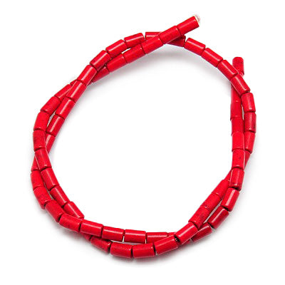 Synthethic Turquoise Beads, Column Shape Beads for Jewelry Making.   Size: 4mm Diameter, 6mm Length, Hole: 1mm; approx. 62-64pcs/strand, 15" Inches Long.  Material: Synthethic Turquoise Beads, Dyed, Red Color Column Beads.