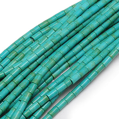 Synthethic Turquoise Beads, Column Shape Beads for Jewelry Making.   Size: 4mm Diameter, 6mm Length, Hole: 1mm; approx. 62-64pcs/strand, 15" Inches Long.  Material: Synthethic Turquoise Beads, Dyed, Turquoise Sea Green Color Column Beads.
