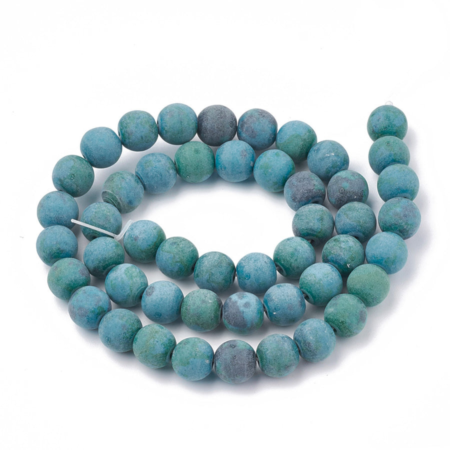 Synthetic Frosted Chrysocolla Beads, Round, Powdered Turquoise Green Color. Synthetic Matte Semi-Precious Gemstone Beads for Jewelry Making.   Size: 8mm Diameter, Hole: 1mm; approx. 45pcs/strand, 15" Inches Long.  Material: Synthetic Chrysocolla Beads, Turquoise Green Color, Unpolished, Matte Finish.