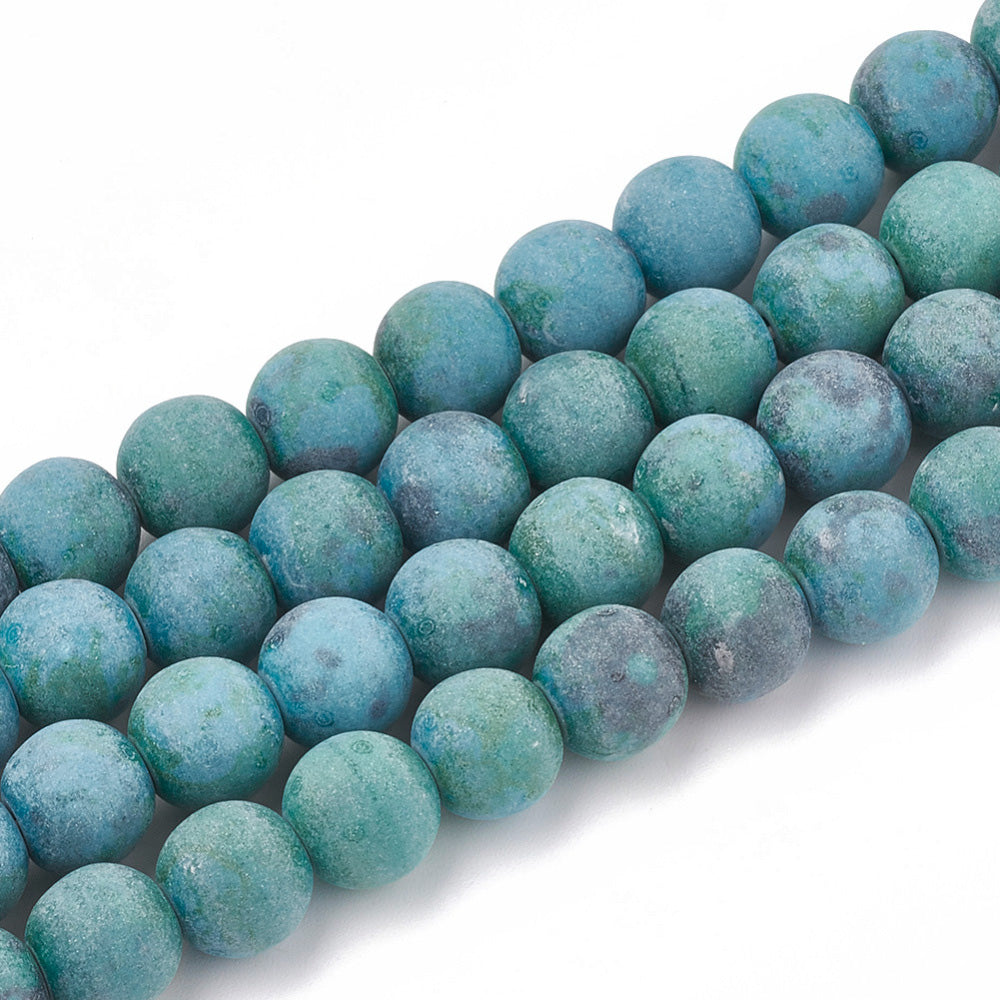 Synthetic Frosted Chrysocolla Beads, Round, Powdered Turquoise Green Color. Synthetic Matte Semi-Precious Gemstone Beads for Jewelry Making.   Size: 8mm Diameter, Hole: 1mm; approx. 45pcs/strand, 15" Inches Long.  Material: Synthetic Chrysocolla Beads, Turquoise Green Color, Unpolished, Matte Finish.