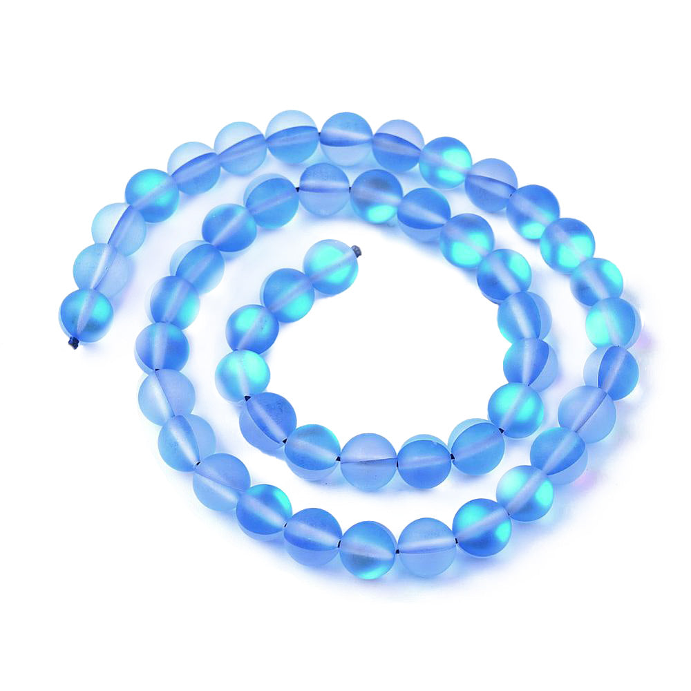 Frosted Synthetic Moonstone Beads, Round, Blue Color. Matte Holographic Beads for DIY Jewelry Making.  Size: 8mm in Diameter, Hole: 1mm, approx. 45-47pcs/strand, 14.5" Inches Long.  Material: Synthetic Frosted Moonstone Beads, Blue Color. Holographic Purple Beads. Frosted Matte Finish.