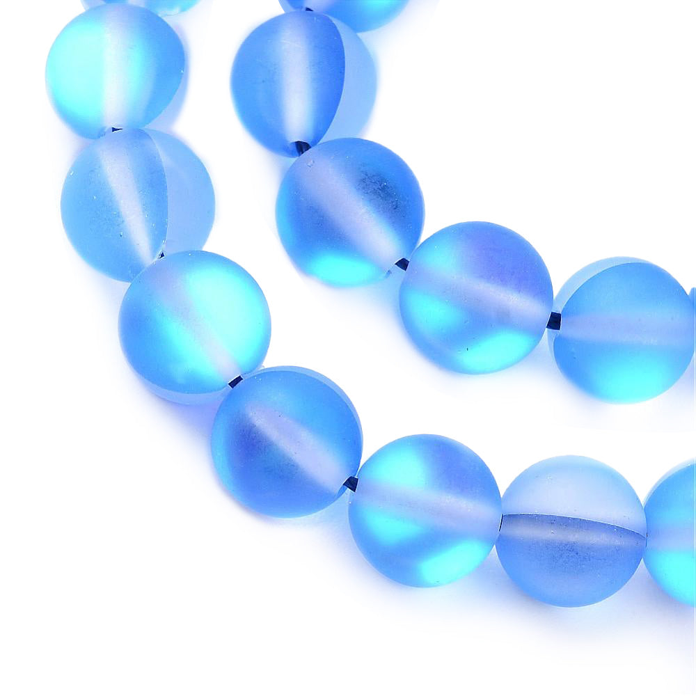 Frosted Synthetic Moonstone Beads, Round, Blue Color. Matte Holographic Beads for DIY Jewelry Making.  Size: 8mm in Diameter, Hole: 1mm, approx. 45-47pcs/strand, 14.5" Inches Long.  Material: Synthetic Frosted Moonstone Beads, Blue Color. Holographic Purple Beads. Frosted Matte Finish.