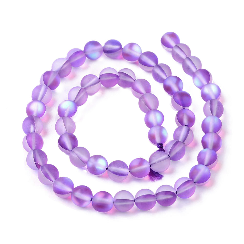 Frosted Synthetic Moonstone Beads, Round, Dark Violet Purple Color. Matte Holographic Beads for DIY Jewelry Making.  Size: 8mm in Diameter, Hole: 1mm, approx. 48pcs/strand, 14.5" Inches Long.  Material: Synthetic Frosted Moonstone Beads, Dark Violet Purple Color. Holographic Purple Beads. Frosted Matte Finish.