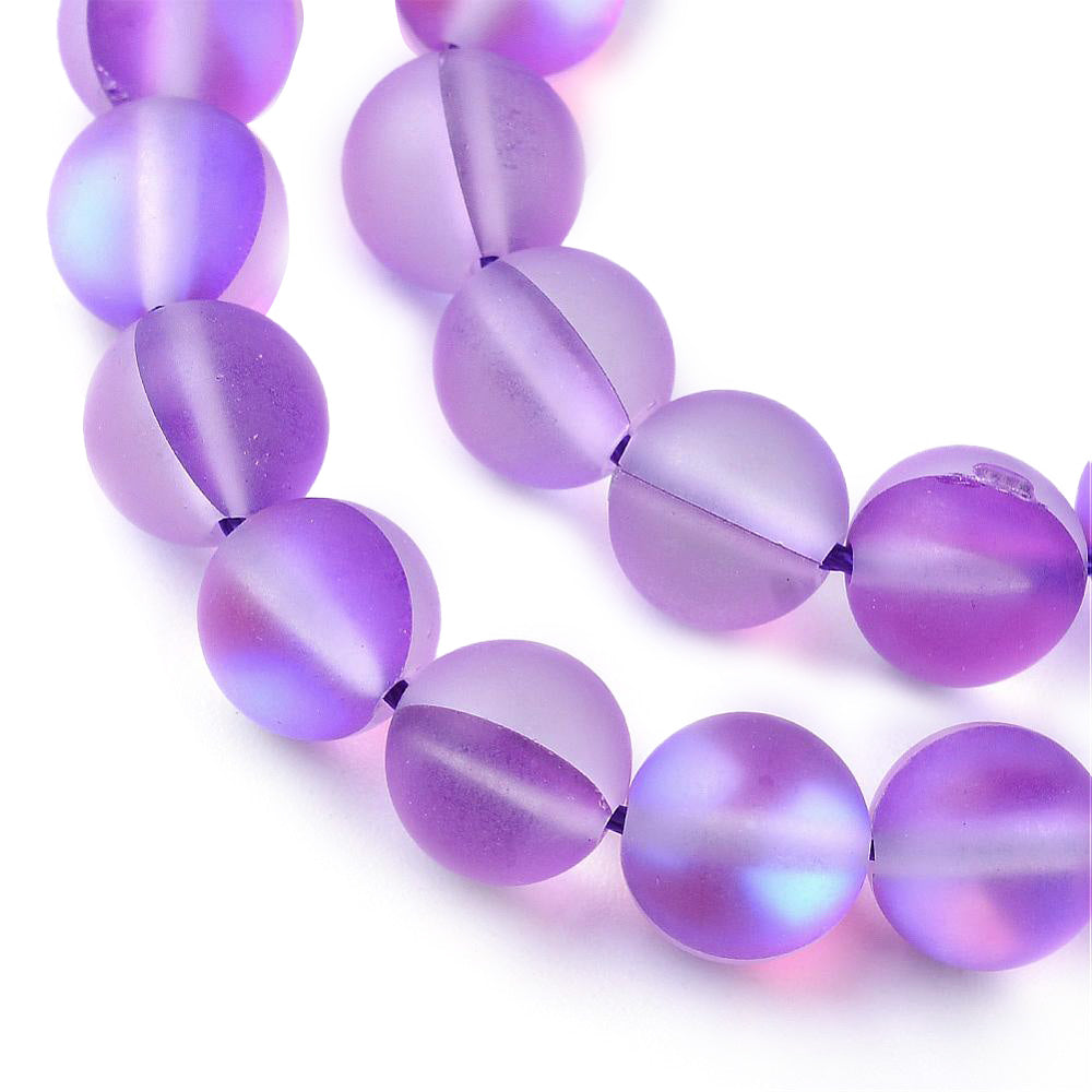 Frosted Synthetic Moonstone Beads, Round, Dark Violet Purple Color. Matte Holographic Beads for DIY Jewelry Making.  Size: 8mm in Diameter, Hole: 1mm, approx. 48pcs/strand, 14.5" Inches Long.  Material: Synthetic Frosted Moonstone Beads, Dark Violet Purple Color. Holographic Purple Beads. Frosted Matte Finish.