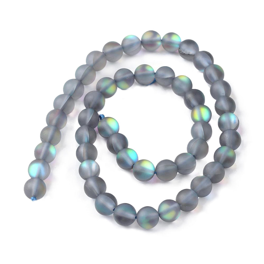 Frosted Synthetic Moonstone Beads, Round, Grey Color. Matte Holographic Beads for DIY Jewelry Making.  Size: 8mm in Diameter, Hole: 1mm, approx. 45-47pcs/strand, 14.5" Inches Long.  Material: Synthetic Frosted Moonstone Beads, Gray Color. Holographic Purple Beads. Frosted Matte Finish.
