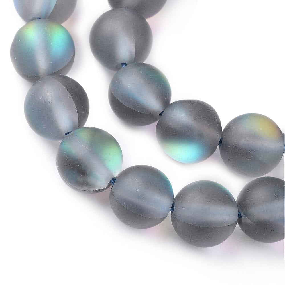 Frosted Synthetic Moonstone Beads, Round, Grey Color. Matte Holographic Beads for DIY Jewelry Making.  Size: 8mm in Diameter, Hole: 1mm, approx. 45-47pcs/strand, 14.5" Inches Long.  Material: Synthetic Frosted Moonstone Beads, Gray Color. Holographic Purple Beads. Frosted Matte Finish.