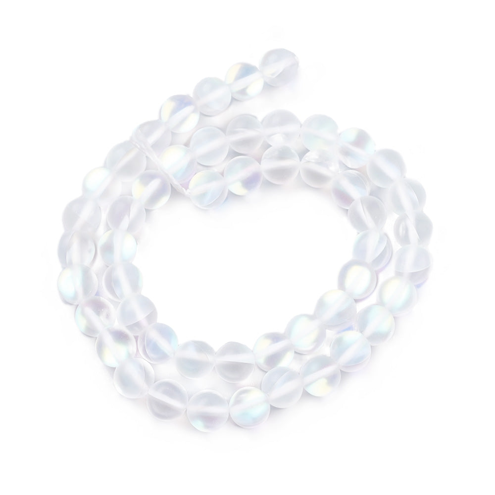 Frosted Synthetic Moonstone Beads, Round, Clear Color. Matte Holographic Beads for DIY Jewelry Making.  Size: 8mm in Diameter, Hole: 1mm, approx. 45-47pcs/strand, 14.5" Inches Long.  Material: Synthetic Frosted Moonstone Beads, Transparent Frosted Clear Color. Holographic Purple Beads. Frosted Matte Finish.