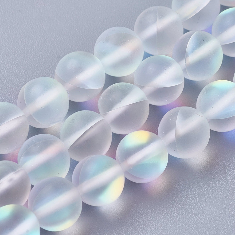 Frosted Synthetic Moonstone Beads, Round, Clear Color. Matte Holographic Beads for DIY Jewelry Making.  Size: 8mm in Diameter, Hole: 1mm, approx. 45-47pcs/strand, 14.5" Inches Long.  Material: Synthetic Frosted Moonstone Beads, Transparent Frosted Clear Color. Holographic Purple Beads. Frosted Matte Finish.