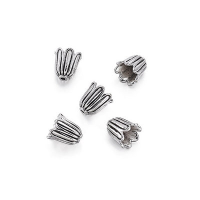 Cute Tulip Shaped Tibetan Bead Caps, Antique Silver Colored Flower Shaped Bead Caps for DIY Jewelry Making. Add the perfect Finishing Touch to Your Jewelry Designs.  Size: 10mm Diameter, 10mm Long, Hole: 1mm, Quantity: 4pcs/bag.  Material: Alloy (Lead and Nickel Free) Bead Cone. Antique Silver Color. Shinny Finish.