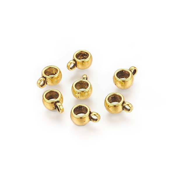 Tibetan Bail Tube Beads, Antique Gold Colored Tube Bails for Jewelry Making.  Size: approx. 6mm Diameter, 4mm Length, Hole: 4mm, Quantity: 5 pcs/bag  Material: Zinc Alloy (Lead and Nickel Free) Connectors, Bail Beads. Antique Gold Color. Shinny Finish. www.beadlot.com bead lot beads and more