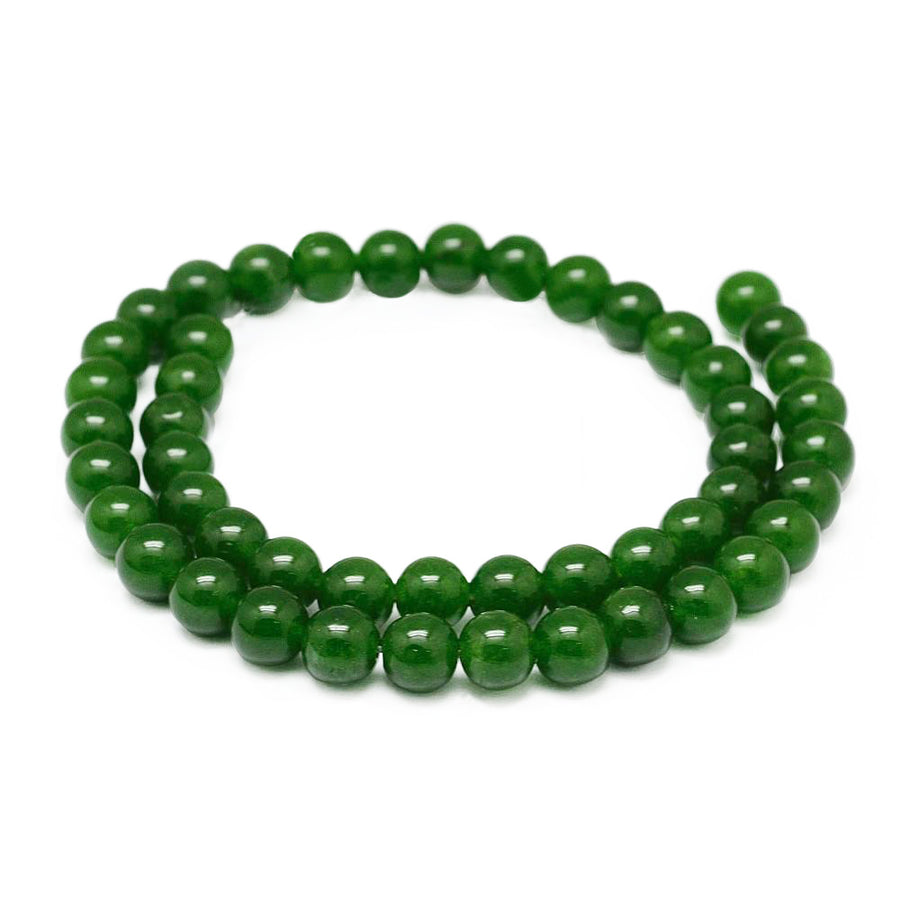 Green Jade Crystal Beads, Round, Dark Green Color. Semi-Precious Gemstone Beads for DIY Jewelry Making. Gorgeous, High Quality Crystal Beads, Great for Mala Bracelets.  Size: 8mm Diameter, Hole: 1mm; approx. 48pcs/strand, 15 Inches Long.  Material: Genuine Natural TaiWan Green Jade Beads, High Quality Crystal Beads. Deep Green Color. Polished, Shinny Finish. 