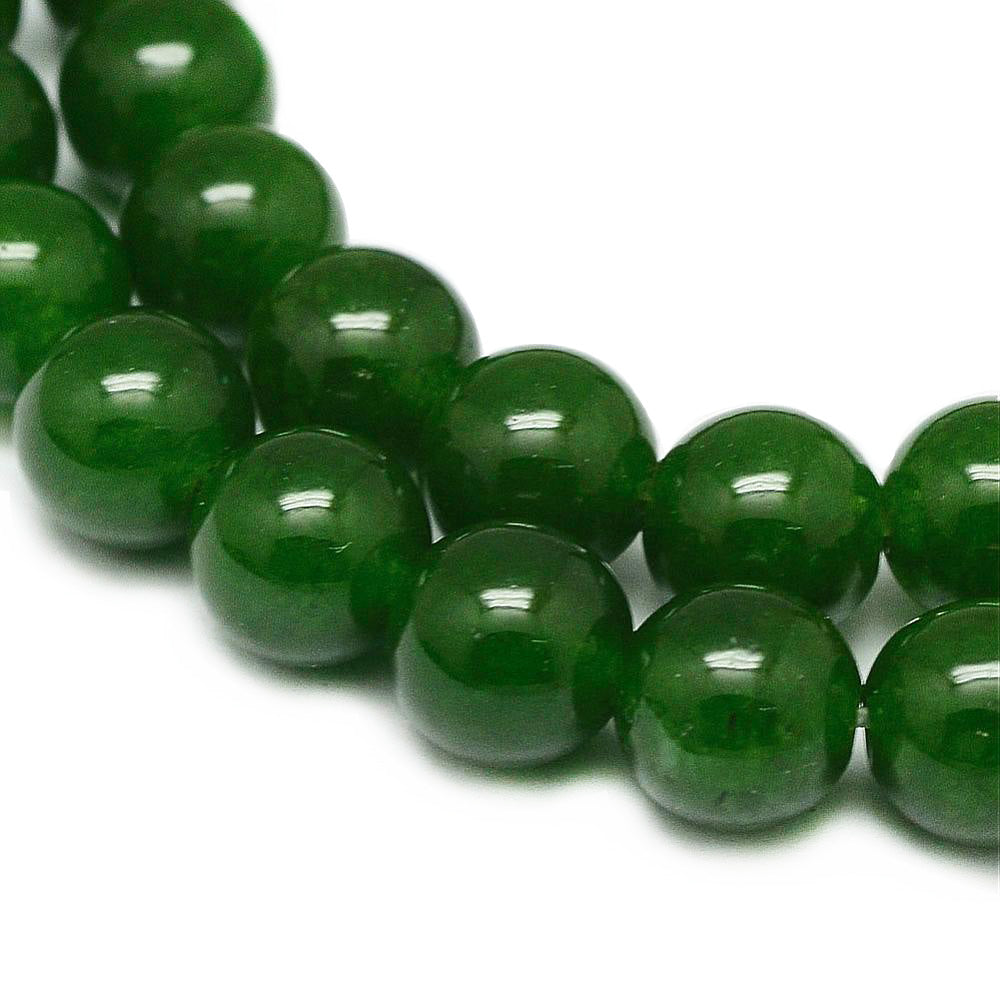 Green Jade Crystal Beads, Round, Dark Green Color. Semi-Precious Gemstone Beads for DIY Jewelry Making. Gorgeous, High Quality Crystal Beads, Great for Mala Bracelets.  Size: 8mm Diameter, Hole: 1mm; approx. 48pcs/strand, 15 Inches Long.  Material: Genuine Natural TaiWan Green Jade Beads, High Quality Crystal Beads. Deep Green Color. Polished, Shinny Finish. 