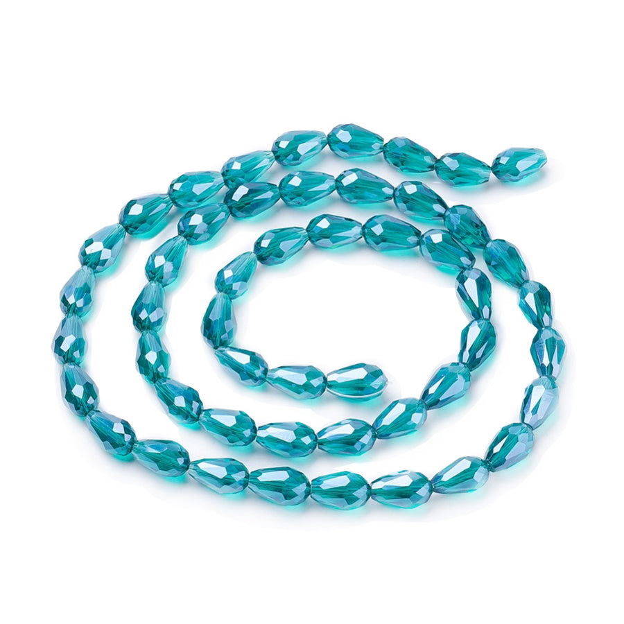 Teardrop Crystal Glass Beads, Faceted, PeaRl Luster Plated Dark Teal Green Color, Glass Crystal Bead Strands. Shinny Crystal Beads for Jewelry Making.  Size: 15mm Length, 10mm Thick, Hole: 1.5mm; approx. 48pcs/strand, 30" inches long.  Material: The Beads are Made from Glass. Electroplated Glass Crystal Beads, Teardrop Shaped, Pear Luster Plated Teal Green Colored Beads. Polished, Shinny Finish.