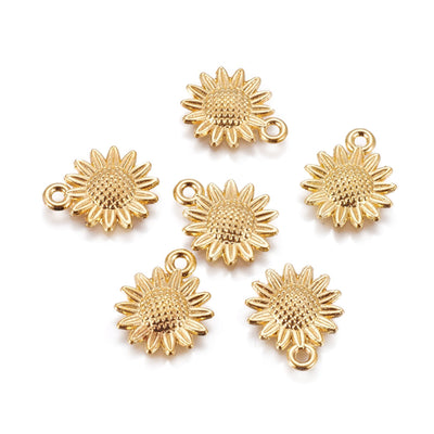 Popular Tibetan Gold Sunflower Charm Beads, Antique Gold Colored Vintage Flower Charms for DIY Jewelry Making. Charms for Bracelet and Necklace Making.  Size: 18mm Length, 15mm Width, 2.5mm Thick, Hole: 1.8mm, Quantity: 10 pcs/package.  Material: Alloy (Lead and Nickel Free) Charms. Antique Gold Color. Shinny Finish.