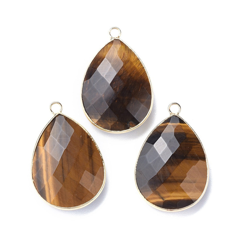 Natural Tiger Eye Faceted Teardrop Gemstone Pendants, Brown Golden Yellow Color. Semi-precious Gemstone Pendant for DIY Jewelry Making. Gorgeous Centre piece for Necklaces.   Size: 28mm Length, 19-20mm Width, 7mm Thick, Hole: 1.2mm, Qty: 1pcs/package.  Material: Genuine Tiger Eye Stone Pendant, Light Gold Plated Brass Findings. Tear Drop Shaped Stone Pendants. Shinny, Polished Finish. 