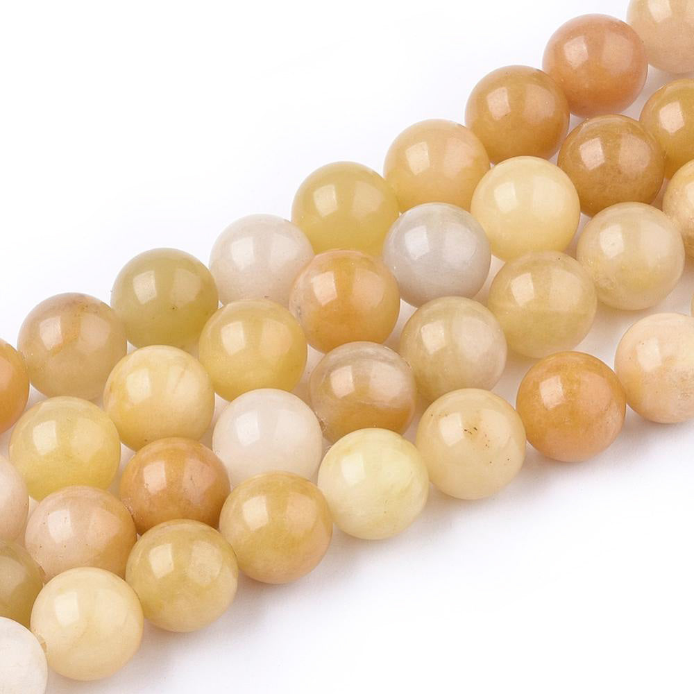 Natural Topaz Jade Beads, Round, Yellow/Orange Multi-Color Semi-Precious Gemstone Beads for Jewelry Making.   Size: 8mm Diameter, Hole: 1mm; approx. 48pcs/strand, 15" inches long.  Material: The Beads are Natural Topaz Jade Gemstone Beads. Multi Color with Variations of Yellow. Orange and White Tones. Polished, Shinny Finish.